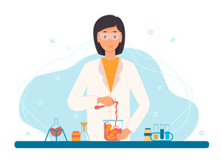 Women scientist carrying out the experiment. Chemist laboratory concept. Modern flat vector illustration.