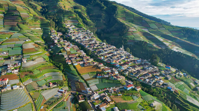 Aerial view of the Nepal van java is a Rural tour on the slopes of mount sumbing, The beauty of building houses in the countryside of the mountainside. Magelang, Indonesia