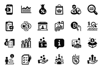 Vector Set of Finance icons related to Treasure map, Loan percent and Data analysis icons. Donation money, Survey checklist and Checklist signs. Post package, Graph chart and Bitcoin pay. Vector