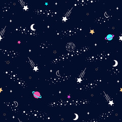 Fototapeta na wymiar Hand Drawn Seamless Pattern Star Sky. Zodiac signs. Vector illustration, Galaxy Background