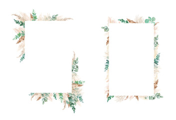 Watercolor pampas grass and eucalyptus set. Hand painted boho floral neutral colors, beige border, frame. Botanical elements isolated on white. Bohemian style wedding invitation, greeting, card