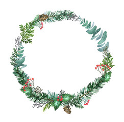 Watercolor Christmas wreath. Evergreen winter circle frame, border. Folliage, snowy fir tree, spruce branches, red holly berries, leaves . Hand painted illustration isolated on white background. 