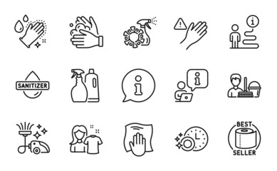 Cleaning icons set. Included icon as Washing cloth, Cleaning service, Dont touch signs. Hand sanitizer, Wash hands, Washing hands symbols. Dishwasher timer, Toilet paper, Vacuum cleaner. Vector