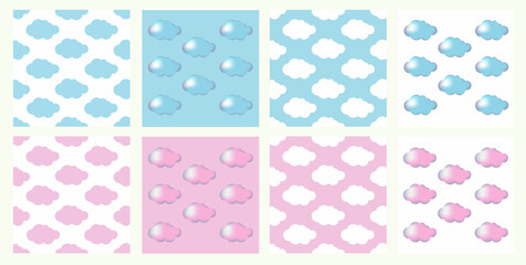 Cute seamless pattern with white, blue and pink clouds on blue and white background. Design for fabric,  decor, print, textile, wrapping, wallpapers, web background, cover, banner, flyer.