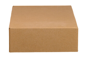 closed cardboard box on a white insulated background. Front view at an angle from above. Blank for the courier