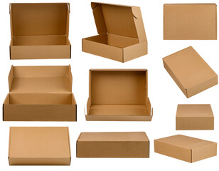 Empty cardboard boxes isolated on a white, collage