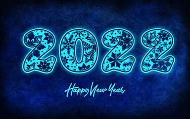 Festive Happy New Year 2022 illustration in bright blue color with dark blue textured background. Happy new year Typography with glowing bright blue snowflakes inside text. 
