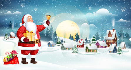 Santa with bell and gifts