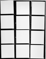 real flat bed scan of black and white hand copy contact sheet with 12 empty film frames. 120mm film...