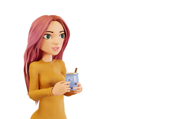 Cute cartoon woman holding a cappuccino cup. Dreamy cartoon character, 3d render. Design object for advertising a coffee shop. The concept of Valentine's Day