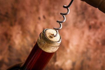 Corkscrew and wine bottle. Openning the bottle and degustation
