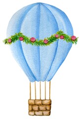 Blue balloon for a boy with a twig of a Christmas tree with balls. Watercolor painting. elements for design © Nat