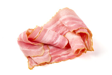 Smoked bacon slices, isolated on white background.
