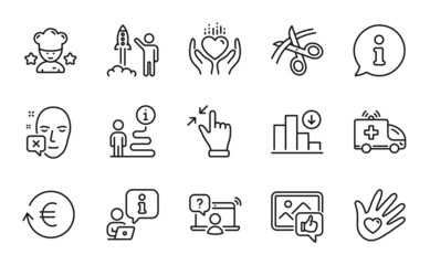 Business icons set. Included icon as Hold heart, Best chef, Ambulance car signs. Online question, Social responsibility, Scissors symbols. Face declined, Touchscreen gesture, Like photo. Vector