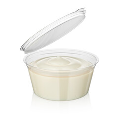 Open mayonnaise sauce in dip container isolated on white. 3D rendering,