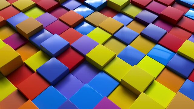 Geometric 3d render simple squares laid with lines on surface. Multicolored boxes in dynamic lighting with bright highlights. Digital wall creative presentation made of blocks