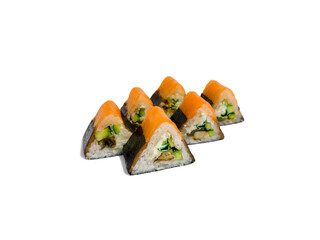 Triangular roll california isolated on white background. Japanese sushi roll with salmon, acne, cucumber, green onions and california cheese