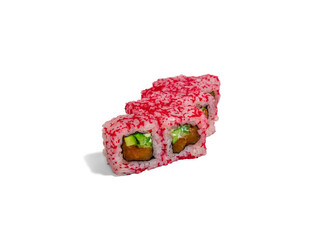 Uramaki roll isolated on white background. Japanese sushi roll with red caviar, tuna cucumber and mayonnaise