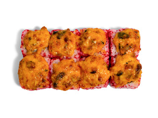 Baked roll isolated on white background. Japanese sushi roll with red caviar