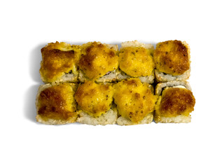 Baked roll isolated on white background. Japanese sushi roll with sesame