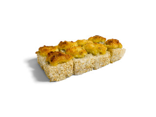 Baked roll isolated on white background. Japanese sushi roll with sesame