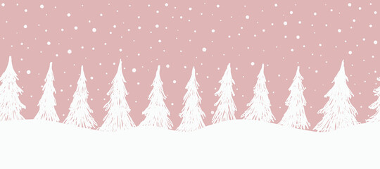 Christmas background. Seamless winter border. Silhouettes of white fir trees on a pink background. Vector illustration