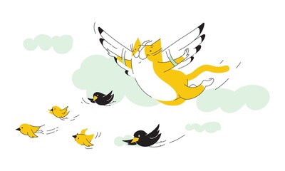 Funny cat with wings flies with birds