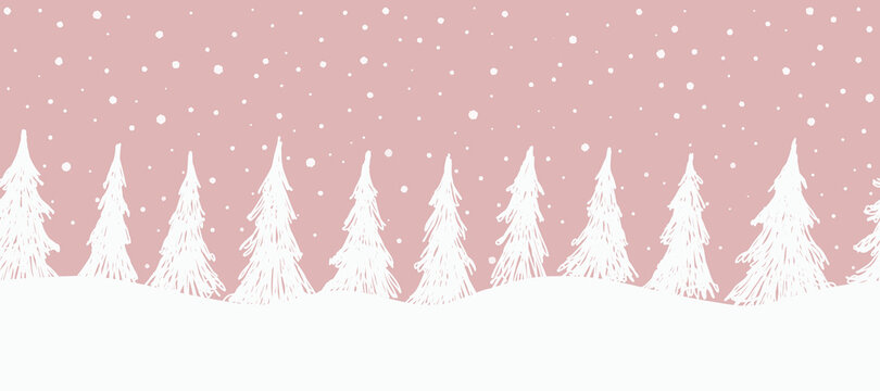 Christmas Background. Seamless Winter Border. Silhouettes Of White Fir Trees On A Pink Background. Vector Illustration