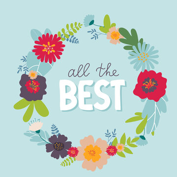 All the Best lettering text in a floral round frame, wreath on blue