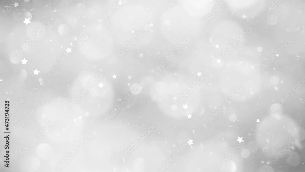 Wall mural Seamless loop silver gray white bokeh winter copy space background animation with stars and falling realistic snowflakes effect.