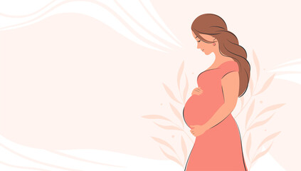Banner about pregnancy and motherhood with place for text. Pregnant woman, future mom hugging belly with arms. Vector illustration. - obrazy, fototapety, plakaty