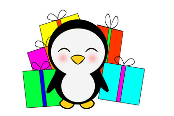illustration of a penguin on the background of gifts. Gift wrapping, prints for cards, textiles. new year and christmas background. place for text.
