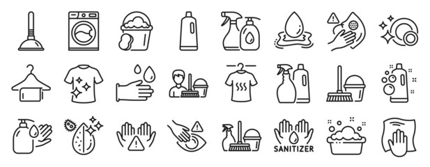 Set of Cleaning icons, such as Household service, Clean bubbles, Clean dishes icons. Wash hands, Bucket with mop, Dry t-shirt signs. Plunger, Sponge, Hand sanitizer. Cleaning service. Vector