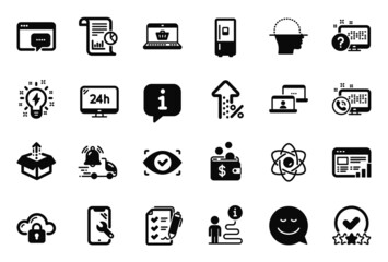 Vector Set of Technology icons related to Inspiration, Smile and Web call icons. Outsource work, Survey checklist and Cloud protection signs. Increasing percent, Online shopping and Report. Vector