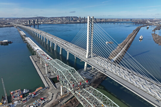 Aerial view of Montreal Canada Champlain Bridge demolition in December 2021