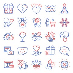 Holidays icons set. Included icon as Buyers, Discount, Ice cream signs. Discounts offer, Photo camera, Elephant on ball symbols. Hold heart, Wedding rings, Waves. Sale gift, Cancel flight. Vector