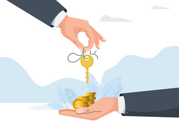 Hand giving key to another hand with money. Concept buying purchase. Vector illustration in modern style