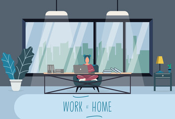 Work at Home. Girl doing work of modern office workplace. Creative office workspace with big window, desktop, laptop, furniture in interior. . Vector illustration in modern style. Vector banner