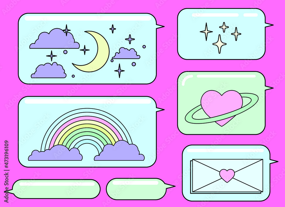 Poster message speech bubbles icon set. messenger chat with emojis and stickers. vaporwave cute retro style