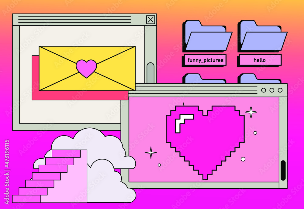 Poster Retrowave user interface, retro operating system with message boxes and folders. Cute vaporwave vector illustration.
