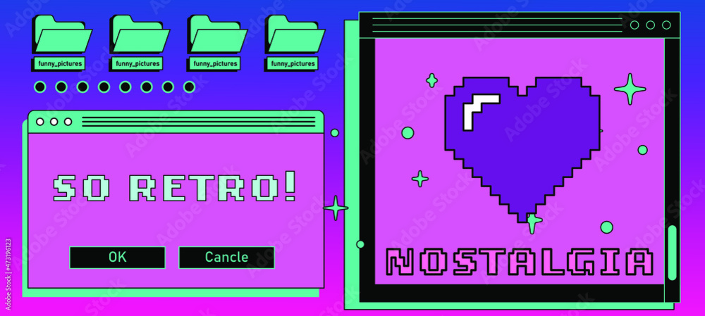 Aufkleber Retrowave user interface, retro operating system with message boxes and folders. Cute vaporwave vector illustration.