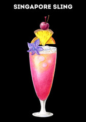 Singapore sling cocktail illustration. Alcoholic cocktail hand drawn illustration. Color sketch. Colored pencil drawing. Isolated object