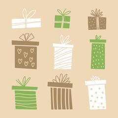 Vector drawing of boxes with gifts drawn by hand
