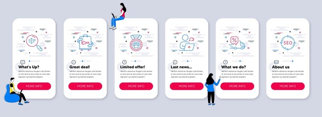 Naklejka premium Set of Business icons, such as Dog competition, Delivery discount, Luggage icons. UI phone app screens with teamwork. Search text, Video conference, Seo line symbols. Vector