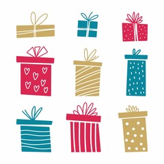 Vector drawing of boxes with gifts drawn by hand