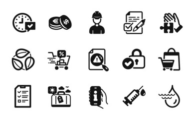Vector set of Select alarm, Voting ballot and Search document icons simple set. Discounts cart, Verified locker and Info app icons. Puzzle, Medical syringe and Leaves signs. Vector