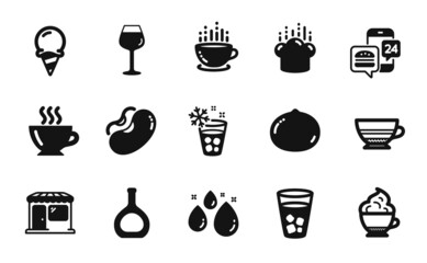 Vector set of Ice tea, Cognac bottle and Cappuccino cream icons simple set. Mocha, Coffee and Ice cream icons. Macadamia nut, Beans and Cooking hat signs. Coffee cup, Water drop and Food app. Vector