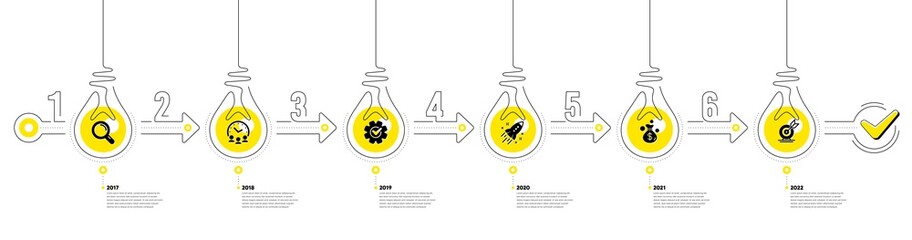 Business Infographic timeline with 6 steps. Workflow process diagram with Research Idea, Working time, Money earn and Goal target icons. Timeline infograph diagram. Vector