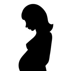 Silhouette of a pregnant girl with a belly. Profile of a woman expecting a baby, pregnancy. Black color image isolated on white background. Vector illustration. 