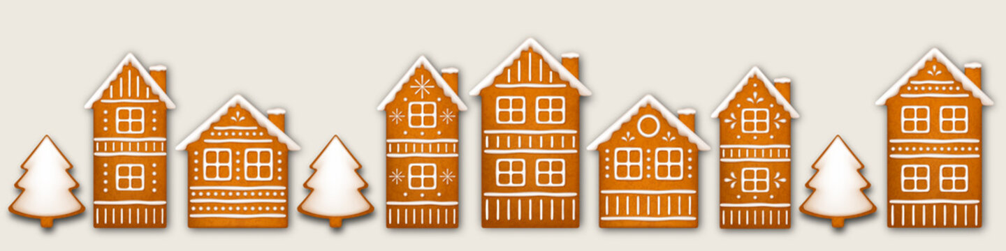 Christmas Gingerbread Houses Border. Winter Holidays Vector illustration.